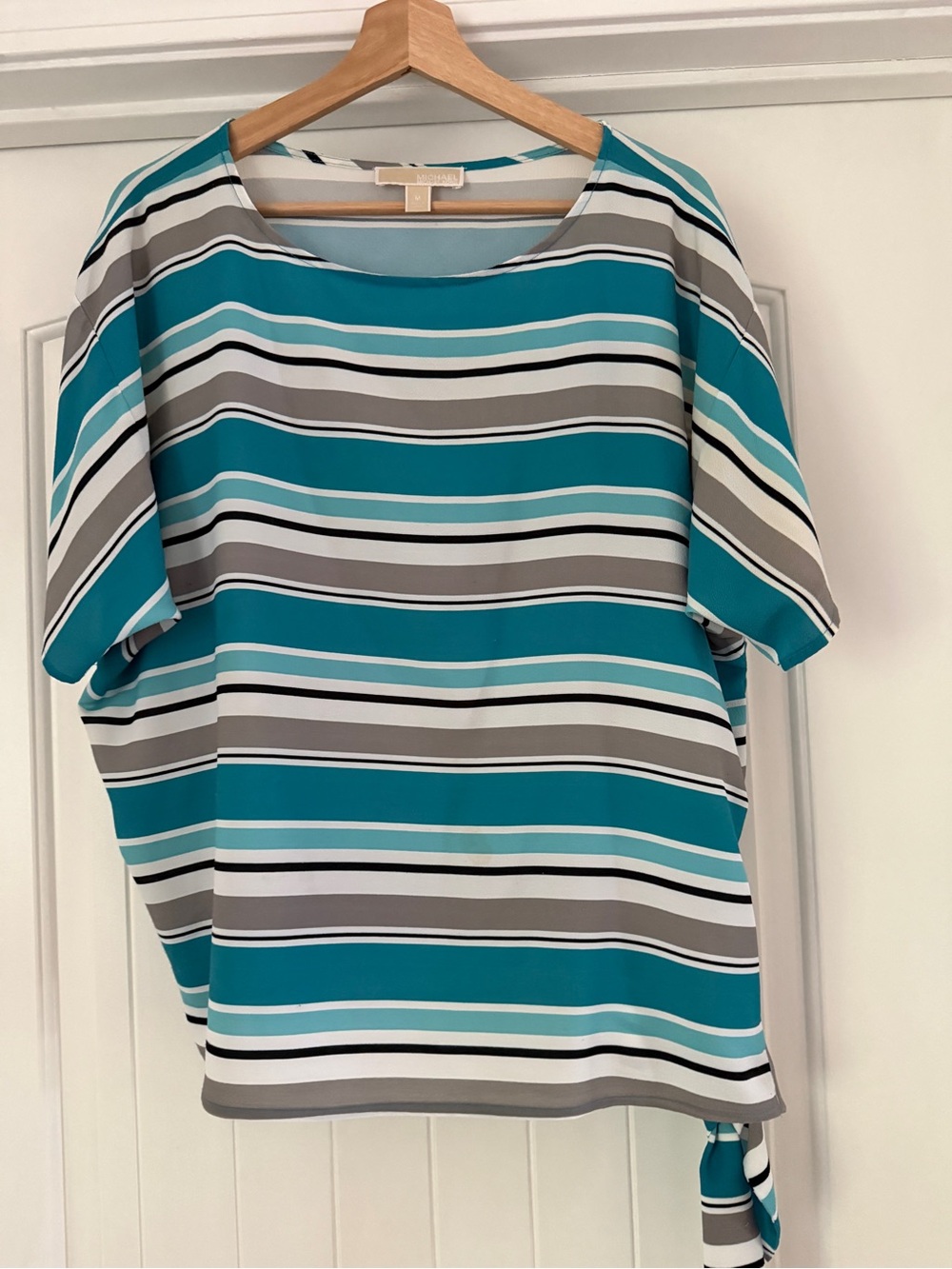 Michael Kors Teal, White and Gray Striped Short-Sleeve Blouse